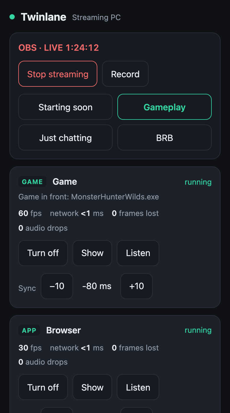 Twinlane control page on a phone with OBS scenes and stream buttons